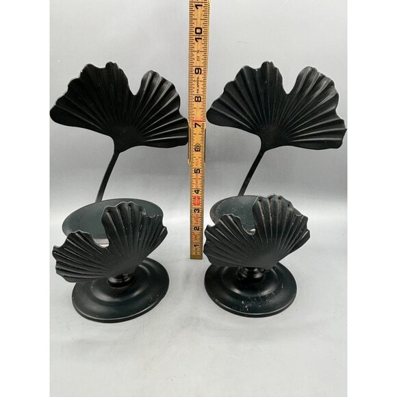 Set Of 2 Black Metal Gingko Leaf Pillar Candle Holders Decor - Picture 5 of 5